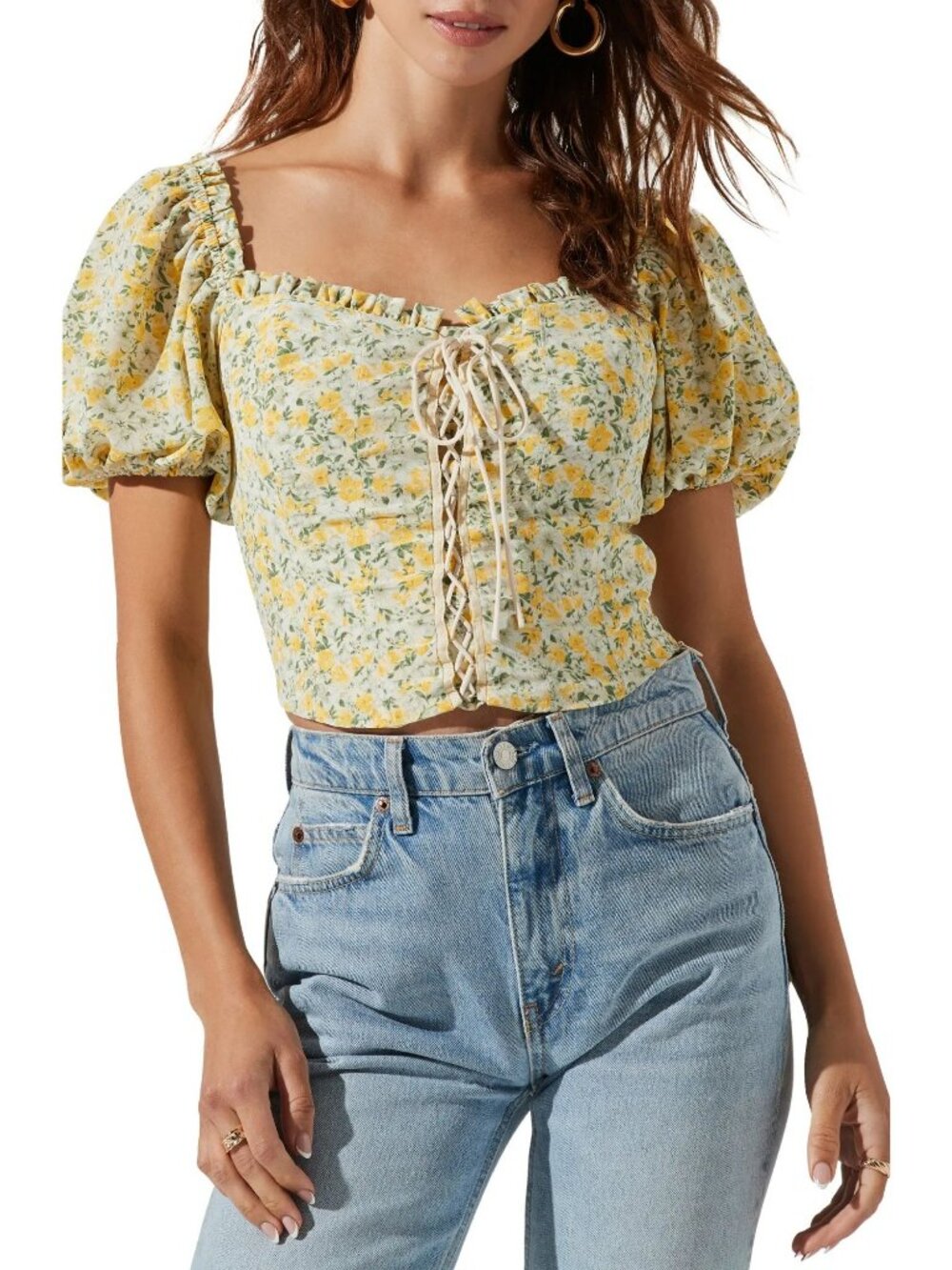 NWT ASTR the Label Yellow Lace-Up Floral Puff Sleeve Corset Crop Top Women Size